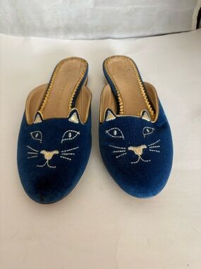 Charlotte Olympia Blue Velvet Cat Face Mules with Gold Embroidery EU34 US4